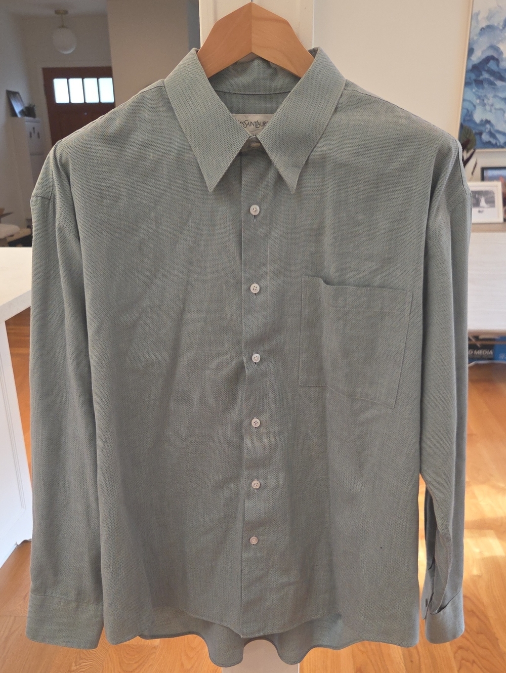 Yves Saint Laurent Mens Sage Green Casual Relaxed Fit LS Button-Down Shirt (XL)